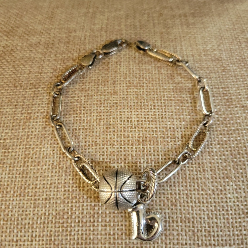 925 Sterling Silver Basketball & Number Charm Bracelet 7.5 Inch Sporty